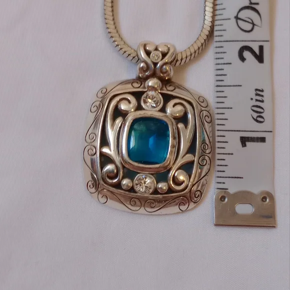 Brighton Blue Stone Scroll Pendant Necklace Silver Tone Snake Chain Elegant - Picture 9 of 12